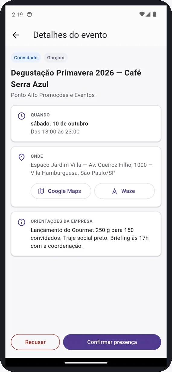 Tela do app com os detalhes de um evento: quando, onde, orientações da empresa e o botão Confirmar presença
